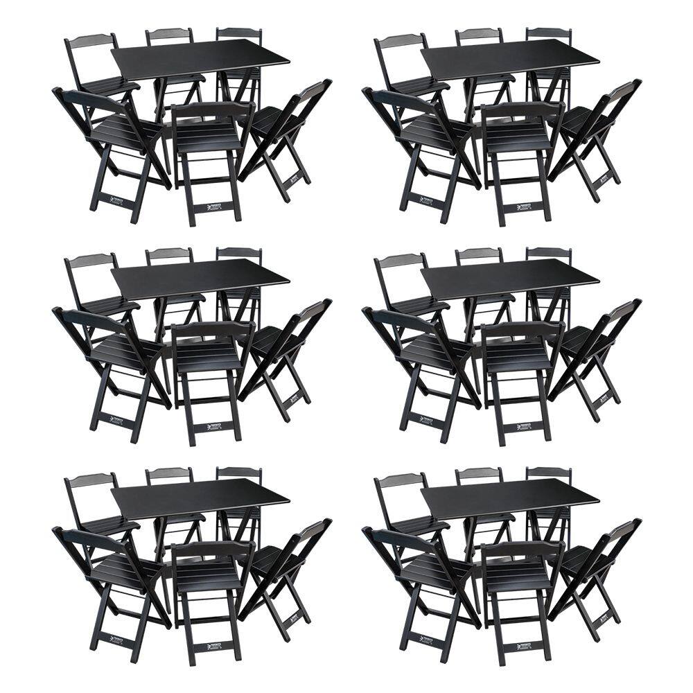 Kit 6 Conjuntos de Mesa Dobráveis de Madeira 70x110cm com 6 Cadeiras Preta
