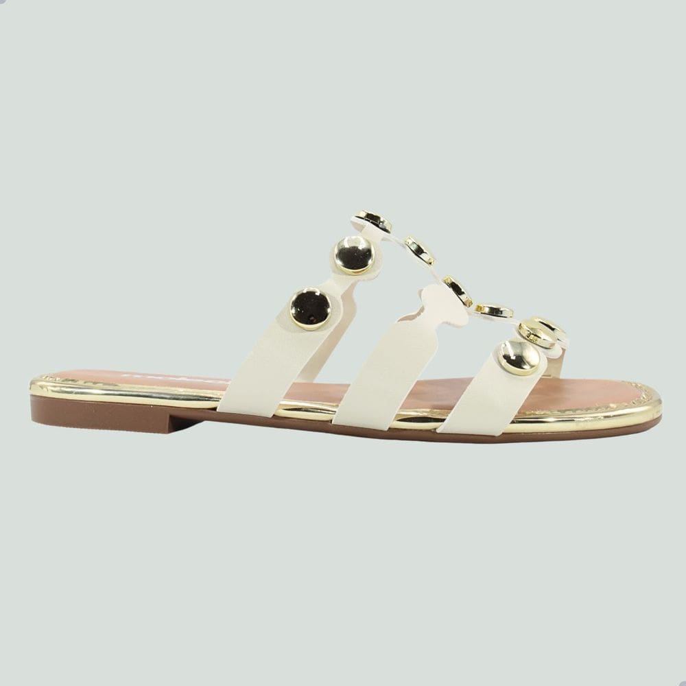 Tamanco Rasteira Feminina Moleca Napa Turim Metal Glamour Branco Off Dourado