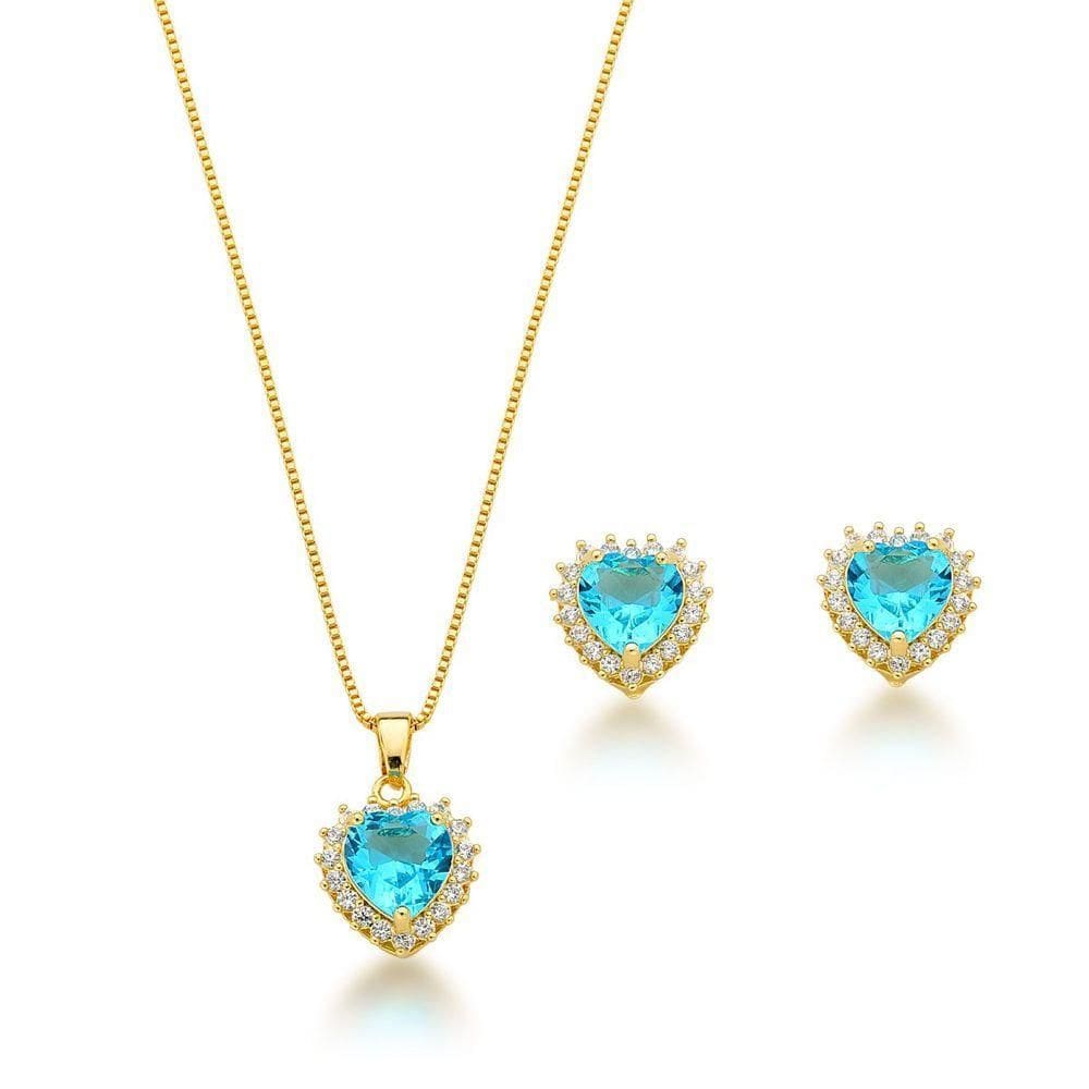 Conjunto Colar E Brincos Coração Zirconia Azul Banhado A Ouro 18k 45cm