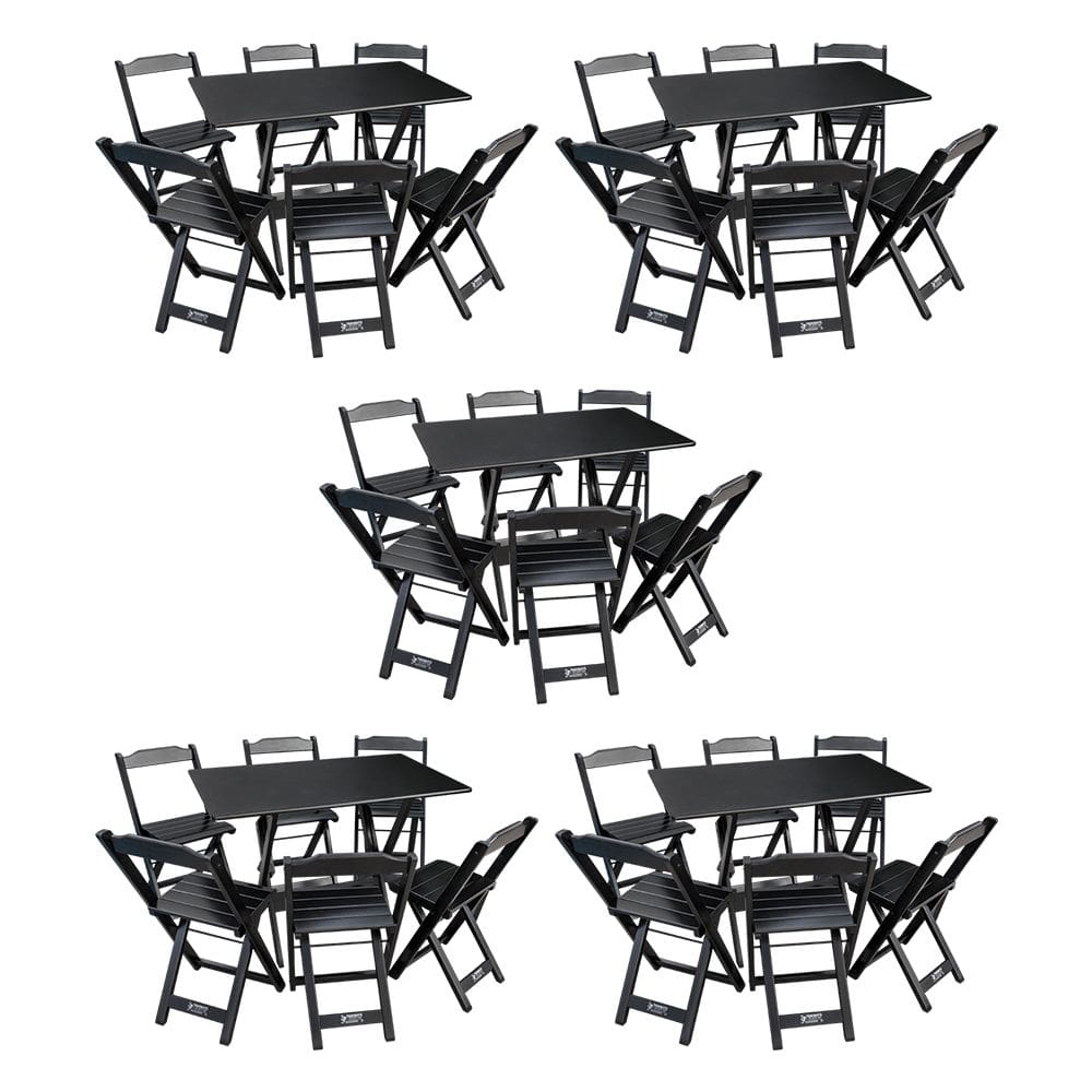Kit 5 Conjuntos de Mesa Dobráveis de Madeira 70x110cm com 6 Cadeiras Preta