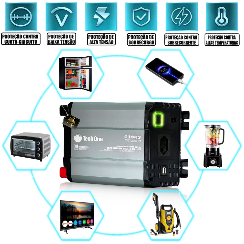 Inversor De Tensão 1200W 24V P/ 110V/220V Conversor de energia Entrada Usb Tech One