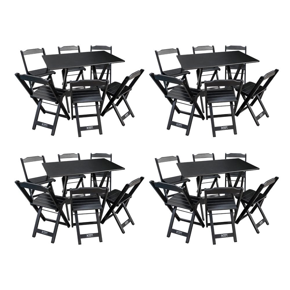 Kit 4 Conjuntos de Mesa Dobráveis de Madeira 70x110cm com 6 Cadeiras Preta