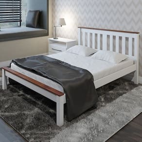 Cama Casal Madeira Maciça Branco Com Moldura Castanho Claro Woodstore