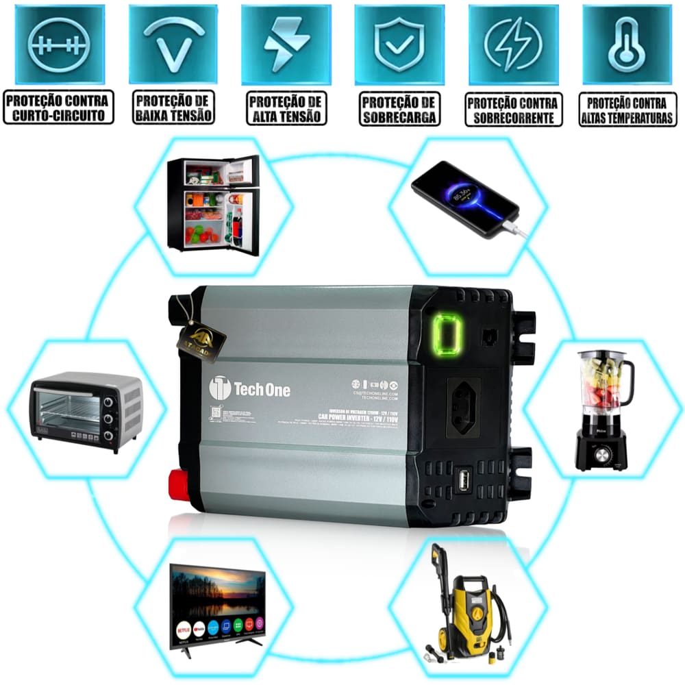 Inversor De Tensão 800W 12v P/ 110V/220V Conversor de energia Entrada Usb Tech One