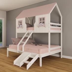 Beliche Casal/ Solteiro Casinha Encantada com Kit Escada/ Escorregador Madeira Maciça Branco/ Rosa Housin