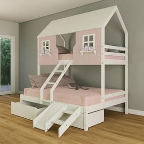 Beliche Casal/ Solteiro Casinha Encantada com 02 Gavetas Kit Escada/ Escorregador Madeira Maciça Rosa/ Branco Housin