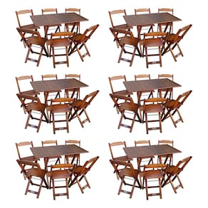 Kit 6 Conjuntos de Mesa Dobráveis de Madeira 70x110cm com 6 Cadeiras Imbuia