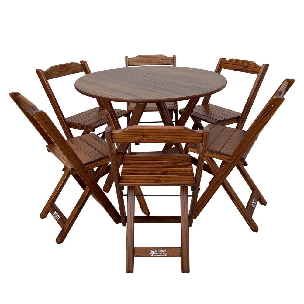 Conjunto Dobrável Mesa de Madeira 90cm Redonda com 6 Cadeiras Imbuia - Tarimatã