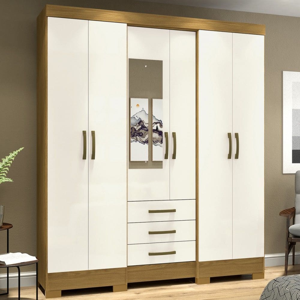 Guarda-Roupa Casal 6 Portas 3 Gavetas Natural/Off White Lírio - Pnr Móveis