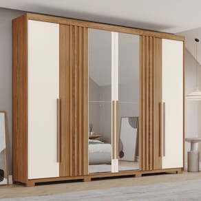 Guarda-Roupa Casal Ravé 6 Portas 4 Gavetas com Espelho Flex Natural/Off White - Pnr Móveis