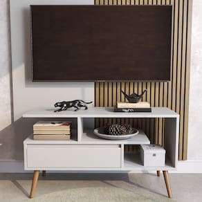 Rack Aparador Estante para Tv 55 Polegadas com Porta Nicho Prateleira Pés Palito Retro Branco