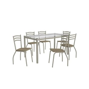 Conjunto Sala de Jantar 6 Cadeiras Mesa Tampo de Vidro Kappesberg Crome Níquel/Bouclé Fendi