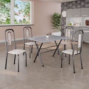 Conjunto de Mesa Tubular 100x60cm Tampo em Granito Ocre com 4 Cadeiras Lívia Botanic Bege / Mart Prata