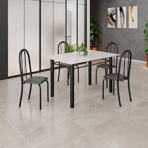 Conjunto de Mesa Tubular 120cm X 75cm Tampo em Vidro com 4 Cadeiras Iris B Preto/ Off White