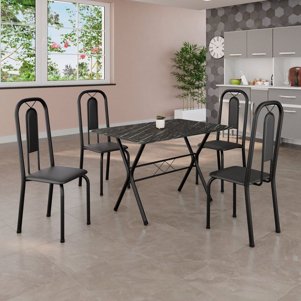 Conjunto de Mesa Tubular 100x60cm Tampo em Ardósia com 4 Cadeiras Lívia Preto TXT