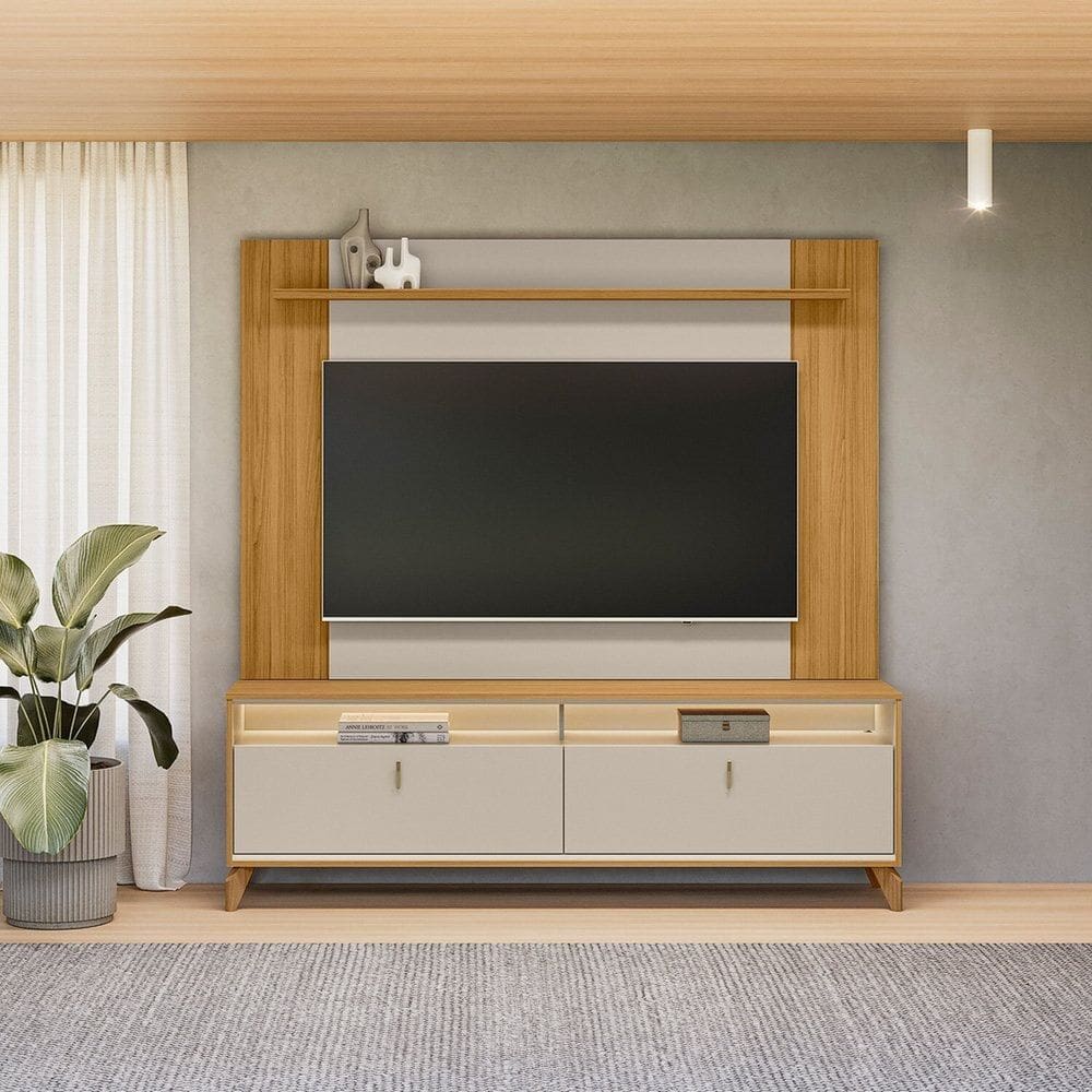 Rack com Painel para Tv 55 Polegadas com Led Pés em Madeira Maciça TAUARI/OFF WHITE FOSCO