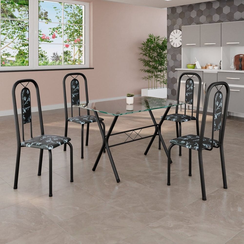 Conjunto de Mesa Tubular 100cm X 60cm Tampo de Vidro com 4 Cadeiras Lívia Preto TXT