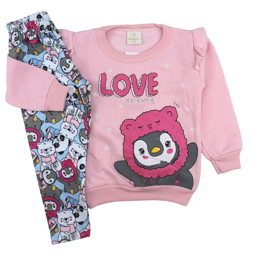 Conjunto Bebê Menina Blusa e Legging Peluciada Pinguim Frio