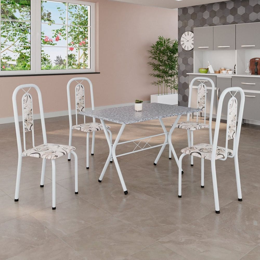 Conjunto de Mesa Tubular 100x60cm Tampo em Granito Ocre com 4 Cadeiras Lívia Arabesco/ Branco