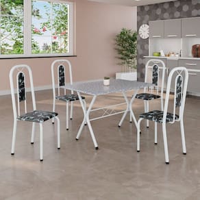 Conjunto de Mesa Tubular 100x60cm Tampo em Granito Ocre com 4 Cadeiras Lívia Preto/ Branco