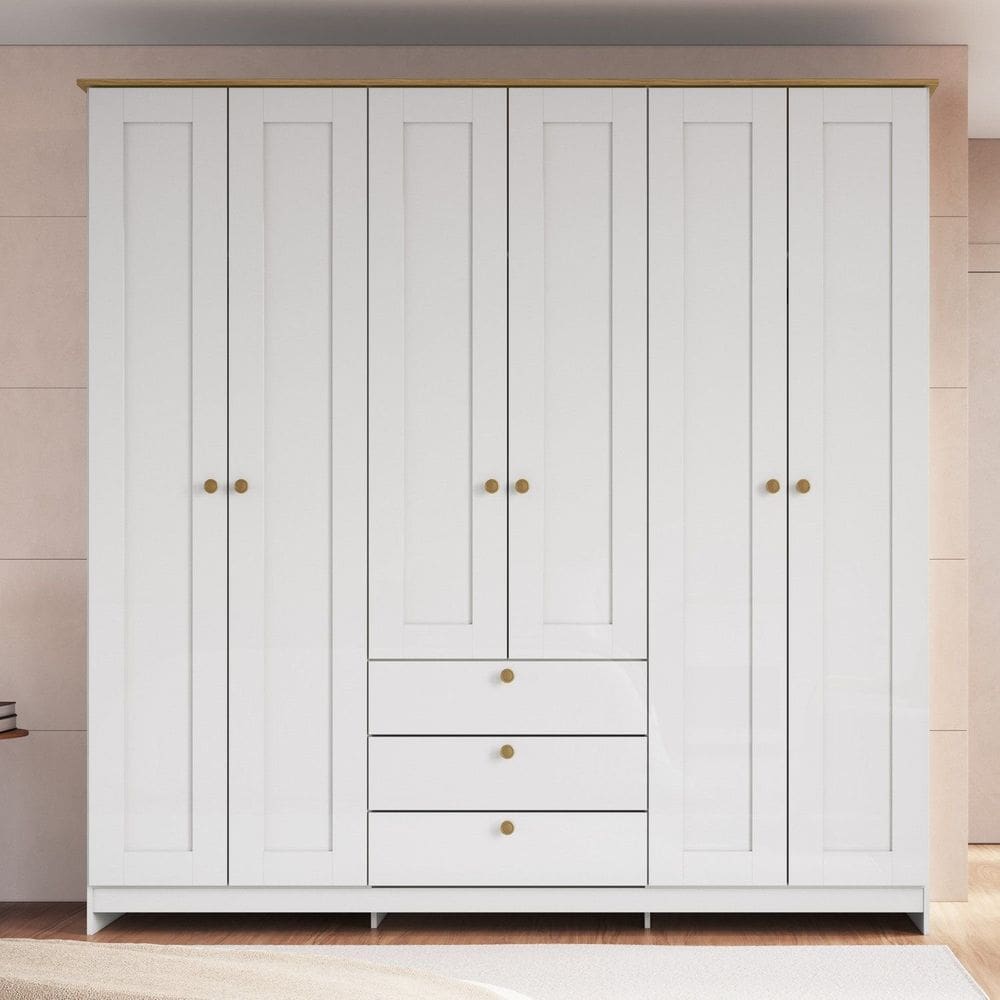 Guarda-roupa 6 Portas e 3 Gavetas Americano Branco Gelo/Ipê