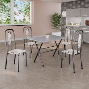 Conjunto de Mesa Tubular 100x60cm Tampo em Granito Ocre com 4 Cadeiras Lívia Arabesco/ Mart Prata