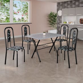 Conjunto de Mesa Tubular 100x60cm Tampo em Granito Ocre com 4 Cadeiras Lívia Preto