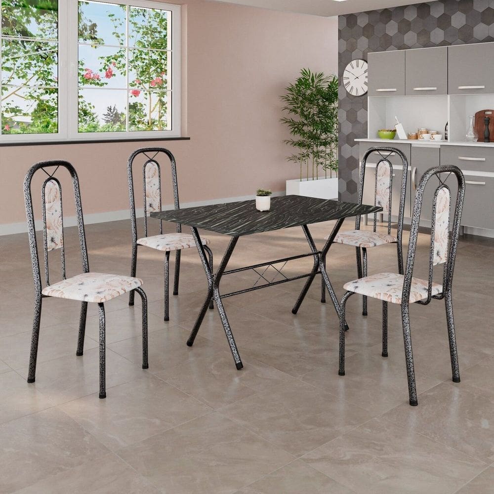 Conjunto de Mesa Tubular 100x60cm Tampo em Ardósia com 4 Cadeiras Lívia Botanic Bege / Mart Prata