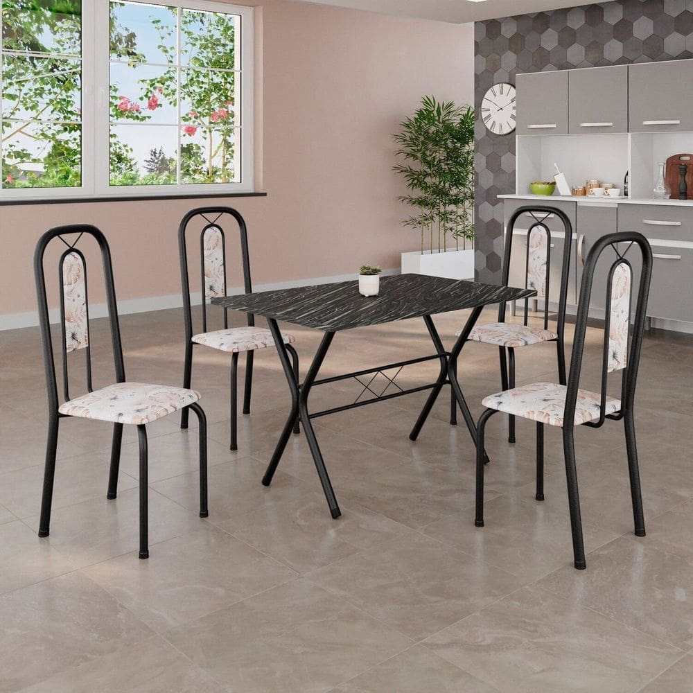 Conjunto de Mesa Tubular 100x60cm Tampo em Ardósia com 4 Cadeiras Lívia Botanic Bege / Preto TXT