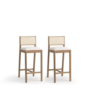 Conjunto 2 Banquetas Madeira Maciça Encosto em Tela Natural e Assento Estofado Serena Nogueira/Natural