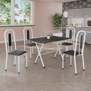 Conjunto de Mesa Tubular 100x60cm Tampo em Ardósia com 4 Cadeiras Lívia Preto/ Branco