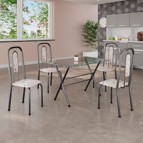 Conjunto de Mesa Tubular 100x60cm Tampo de Vidro com 4 Cadeiras Lívia Botanic Bege / Mart Prata