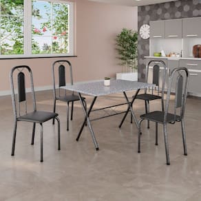 Conjunto de Mesa Tubular 062 100x60cm Tampo em Granito Ocre com 4 Cadeiras Lívia Preto/ Martelado Prata