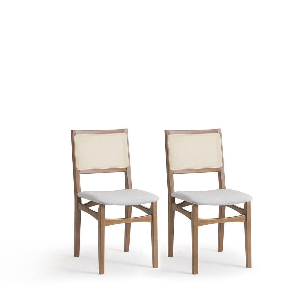 Conjunto 2 Cadeiras Madeira Maciça Encosto em Tela Natural e Assento Estofado Serena Nogueira/Natural