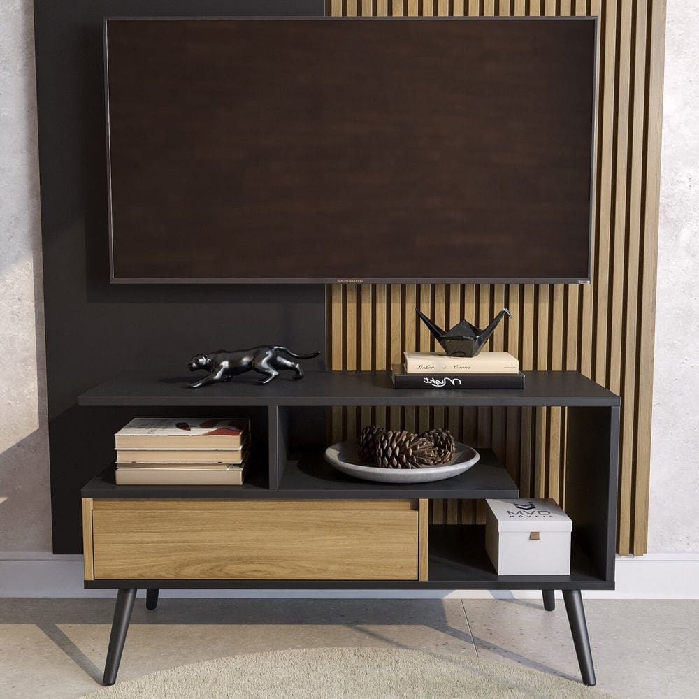 Rack Aparador Estante para Tv 55 Polegadas com Porta Nicho Prateleira Pés Palito Retro Preto/Freijó