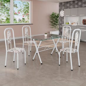 Conjunto de Mesa Tubular 100x60cm Tampo de Vidro com 4 Cadeiras Lívia Arabesco/ Branco