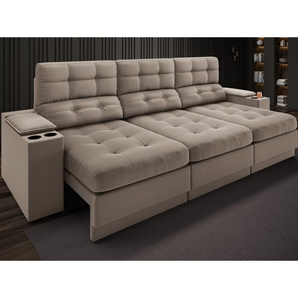 Sofá com Porta Copos e Carregador USB Eureka 2,30m Assento Retrátil e Reclinável Velosuede Capuccino - NETSOFAS