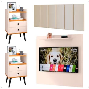 Jogo Quarto 2 Mesinhas Retrô Gavetas Nicho Painel Tv 32 Polegadas Sala Cabeceira Suspensa Almofadada Cama Box King Size 1,95 - Lojas RPM