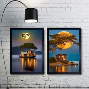 Kit 2 Quadros Paisagens Lua Rio Com Barcos 24X18Cm - Vidro