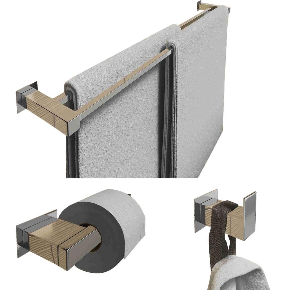 Kit Toalheiro Duplo 1Mt Inox 3 Pçs Polido Ou Preto Fosco