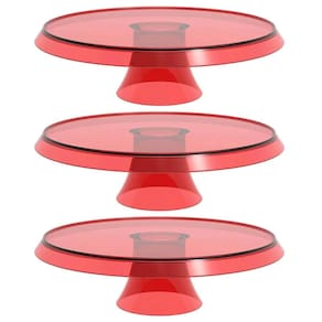 3 Boleiras Plásticas Vermelho Translúcido 28cm com Pedestal Pratos para Bolos e Docinhos