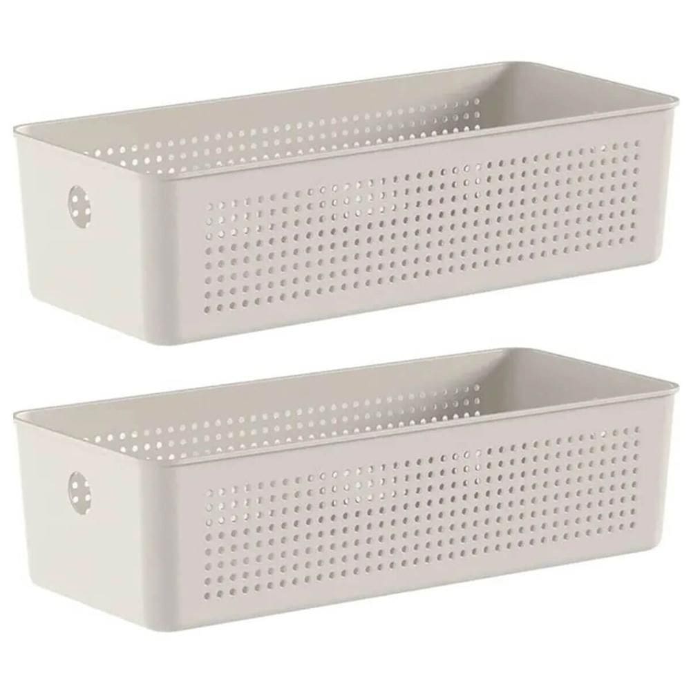 Kit 2 Cestos Organizadores 34x15x9cm Flow Bege Caixa 4,5L Lavanderia Banheiro