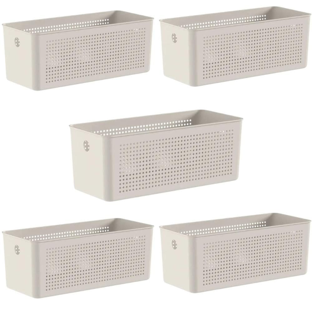 Kit 5 Cestos Organizadores Retangulares com Alças 6,6L Bege Flow Lavanderia Closet Banheiro