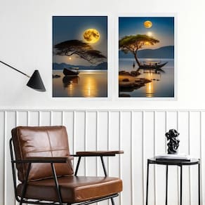 Kit 2 Quadros Paisagens Por Do Sol Rio Com Barcos 33X24Cm