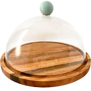 Boleira Rústica 25cm Cúpula Acrílica Puxador Verde Menta Prato para Bolos e Tortas