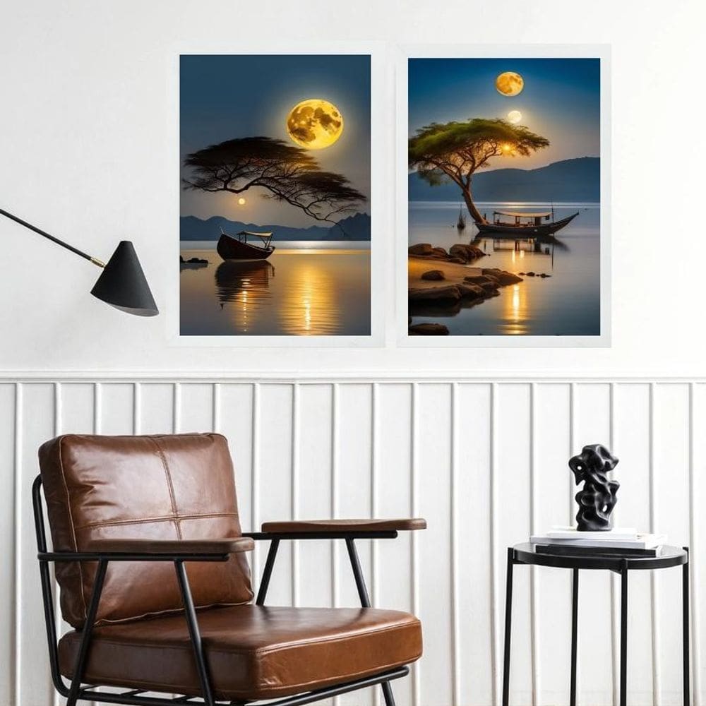 Kit 2 Quadros Paisagens Por Do Sol Rio Com Barcos 45X34Cm