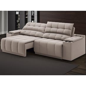 Sofá com Porta Copos Carregador USB Ret Rec Samurai 2,30m Velosuede Bege - NETSOFAS