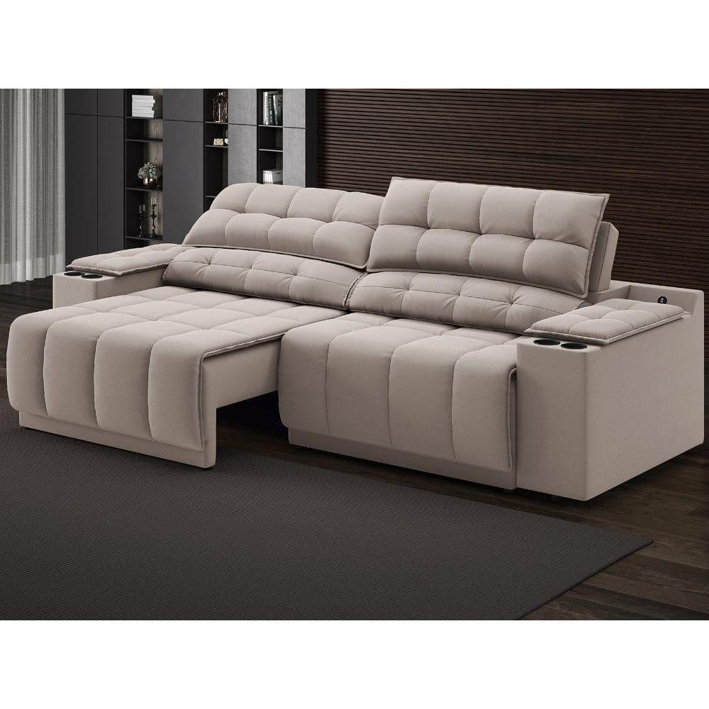 Sofá com Porta Copos Carregador USB Ret Rec Samurai 2,50m Velosuede Bege - NETSOFAS