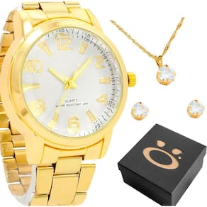 Relogio Banhado Feminino Aço + Brincos Colar Strass + Caixa
