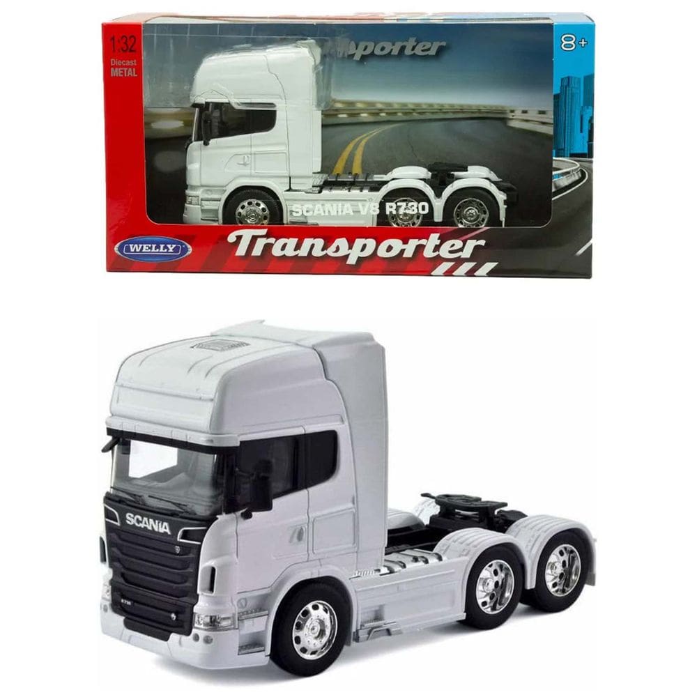 Miniatura Welly Caminhao Scania V8 R730 6x4 Transporter 1/32 Die-Cast Branco